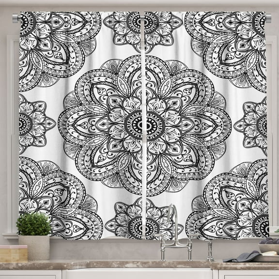 Ambesonne Black Kitchen Curtains, Ornate Mandala Patterns, 55"x45", Black