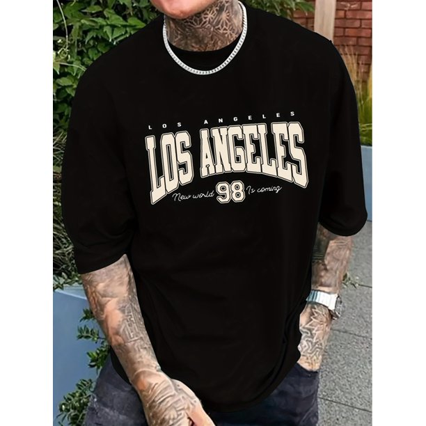 1pc Men'S Casual Los Angeles Print T-Shirt, Polyester Crew Neck Short Sleeve Tee with Slight Stretch, Knit Fabric Summer Top for Adults