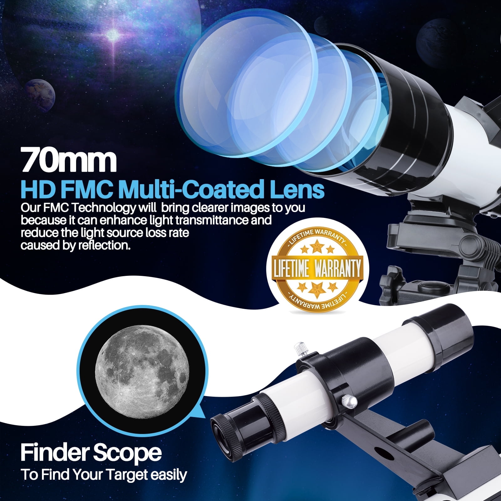 Telescope for Adults, 70mm Astronomical Refractor Telescope, Portable Travel Telescope for Kids Beginners for Moon Stargazing Outdoor Camping