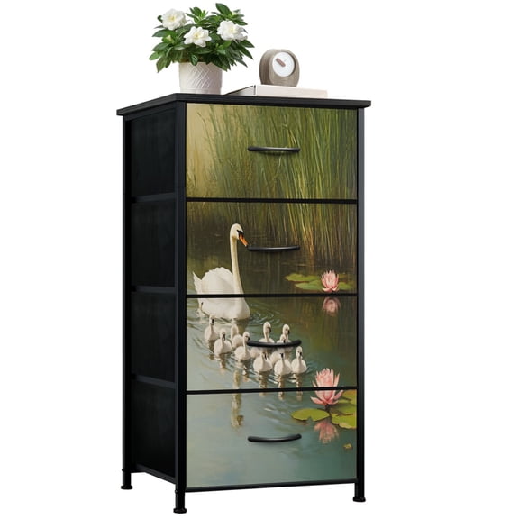Swan Dresser for Bedroom with 4 Storage Drawers Vintage Farmhouse Modern Swan Ducklings Water Lilies Gentle Dressers Chest of Drawers Steel Framed Fabric Closet Organizers for Entryway