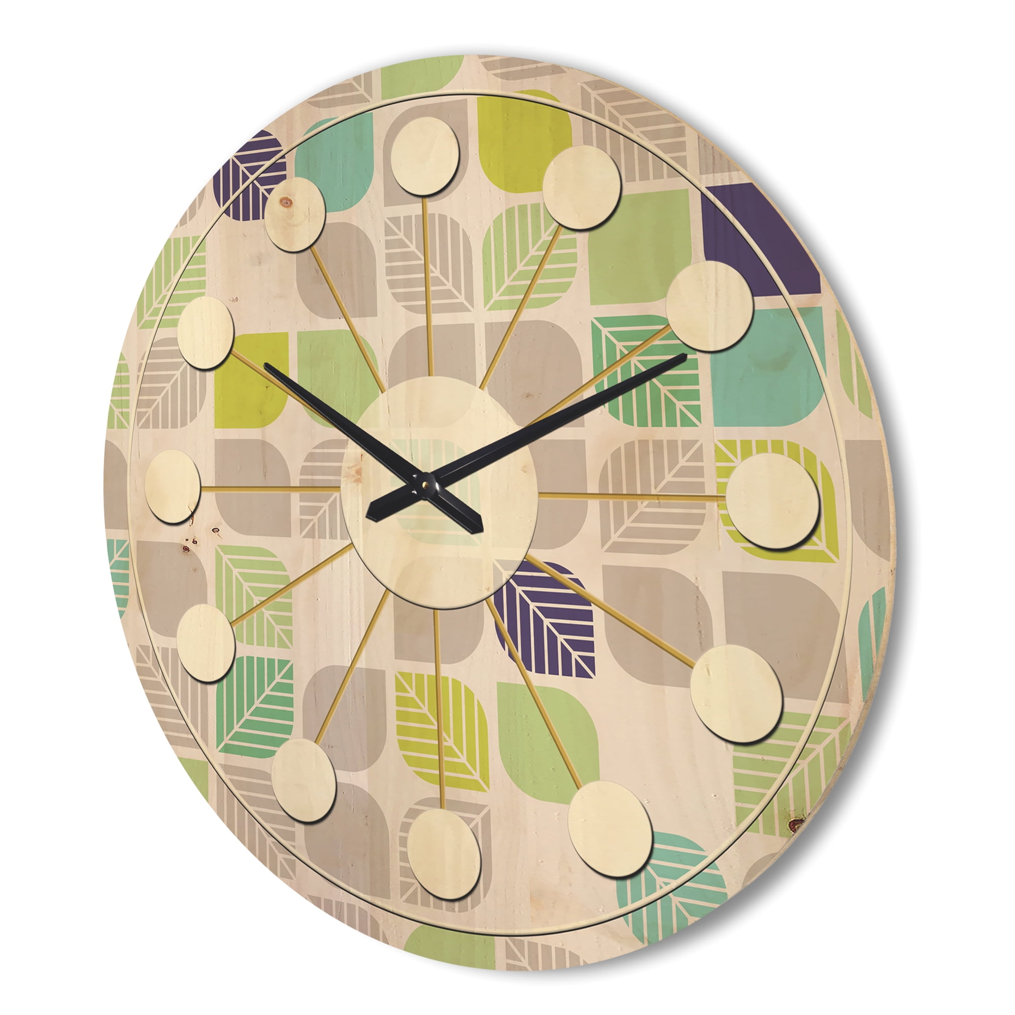 Designart 'Leaves With Geometric Pattern' Mid-Century Modern Wood Wall Clock