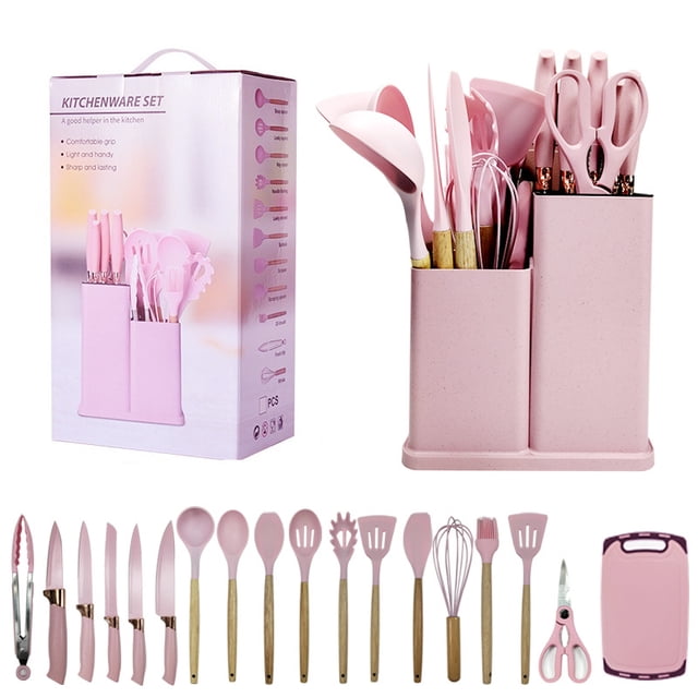 Juego de 19 piezas de utensilios de cocina de silicona, juego de combinación de cuchillos, mango de madera, pala, cuchara, juego de cuchillos de cocina de acero inoxidable con cubo de almacenamiento