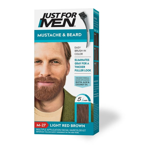 Just For Men Mustache & Beard Beard Dye for Men with Brush Included for Easy Application With Biotin Aloe and Coconut Oil for Healthy Facial Hair - Light Red Brown M-27 Pack of 1