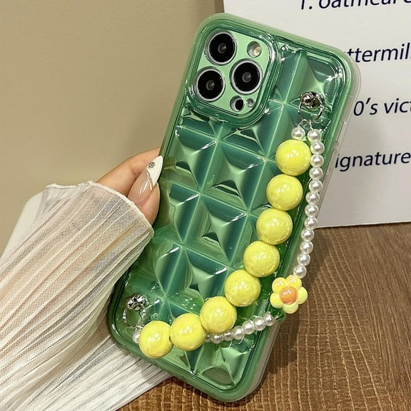 Compatible with iPhone 14 Pro Max Cute Case Chain 3D Diamond Pattern Clear Wrist Strap Bead Flower Chain Glossy Protection Fashion Shockproof Cover for Women Girls