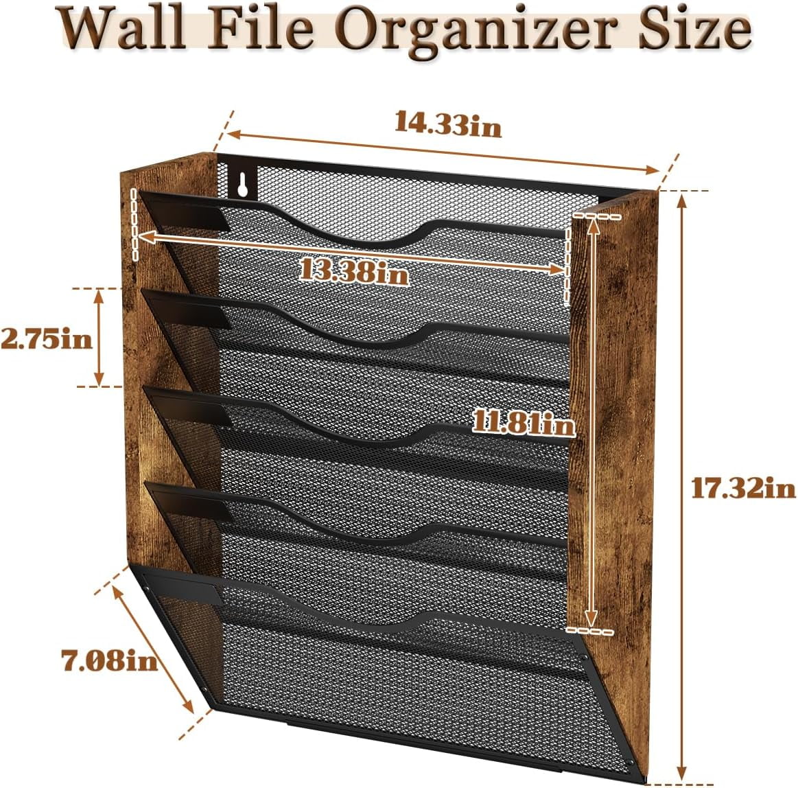 X-COSRACK 5-Tier Ironwood Hanging Wall File Organizer, Mesh Mail Holder with Nametag Labels, Space-Saving Wall Mount Magazine Rack for Office & Home, Black