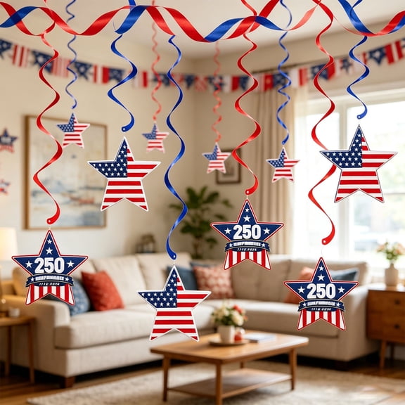 CozeLy Patriotic Decorations Red White Blue Star Hanging Ceiling Streamers USA Flag 4th of July Decorations Outdoor Indoor Memorial Day Party Supplies