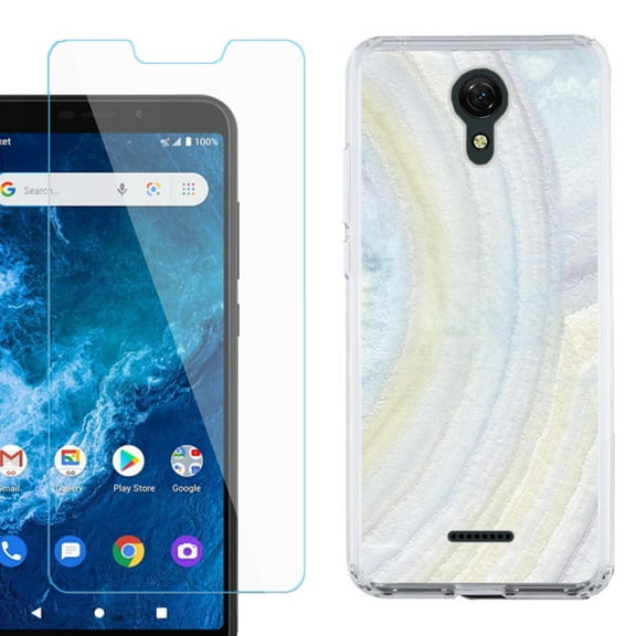 Slim-Fit Protective Phone Case compatible with Cricket Icon 2, with Tempered Glass Screen Protector, by OneToughShield ® - Marble / Rainbow