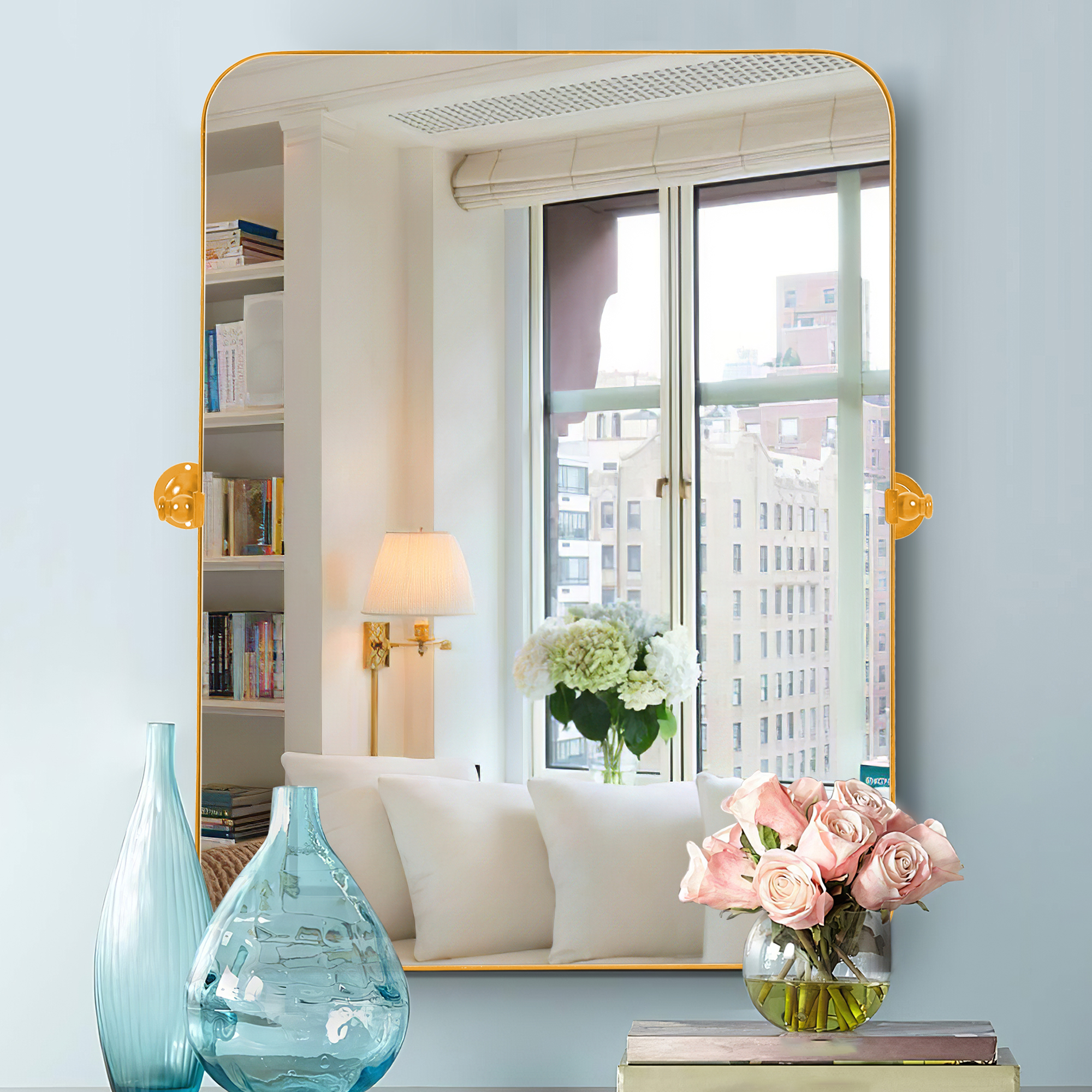 Arched Wall Mirror Arch Small Mirror Round Corner Mirror Wall Mirror 36"x24",Gold,Iron
