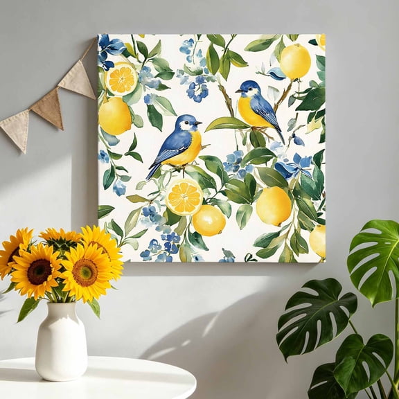 Canvas Wall Art Lemon Bird Canvas Art Print Fruit Leaves Branch Vintage Watercolor Pictures Wall Decor for Living Room Bedroom Artwork Decorations Stretched Framed Ready to Hang 10"x10"