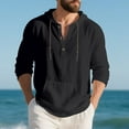 thumbnail image 5 of Men's Hooded Pullover Half Button Drawstring Long Sleeve Linen Henley Shirts Lightweight Casual Beach Blouse With Pocket (XXL, Black), 5 of 8