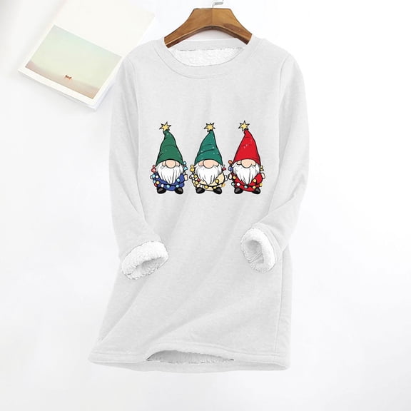 Wowcloth Women's Plus Size Christmas Print Fleece-Lined Top, Long Sleeve Round Neck Warm Shirt for Winter Daily Casual Wear