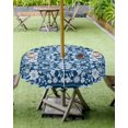 thumbnail image 4 of Fsddascl Blue White White Flowers Outdoor Tablecloth - 60 Inch Round Dining Table Cover, Rustic Vintage Botanical Leaves Waterproof Outdoor Table Cloth with Umbrella Hole & Zipper for Picnic/Patio, 4 of 7