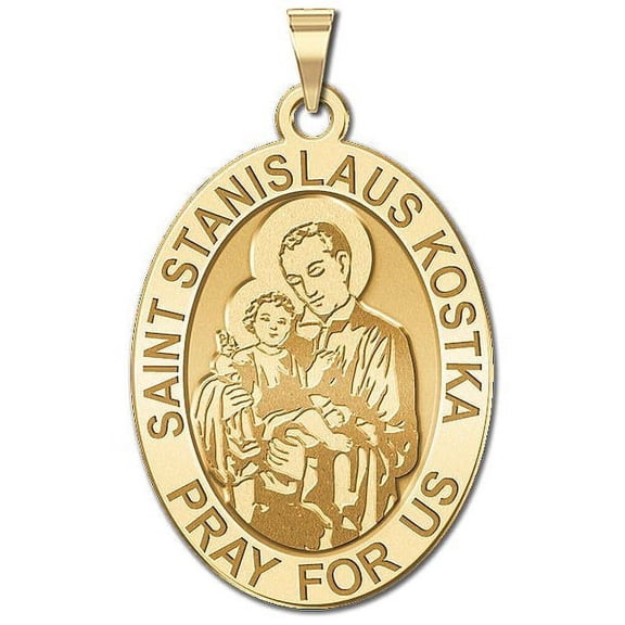 Saint Stanislaus Kostka - Oval Religious Medal - 3/4 inch x 1 inch in Solid 14K Yellow Gold