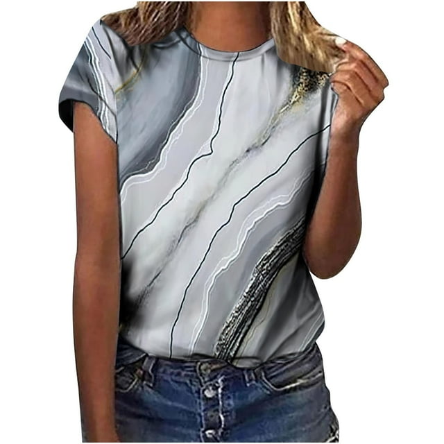 CEHVOM Tops Femmes Mode Casual en Vrac Chemisier Pierre Gradient Impression Col Rond T-Shirt Chemises Chemisier Print Tee
