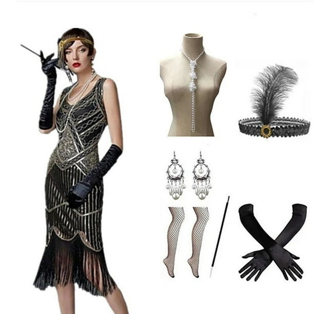 Vestido vintage de los años 20 hecho a mano con lentejuelas y borlas para la reunión anual