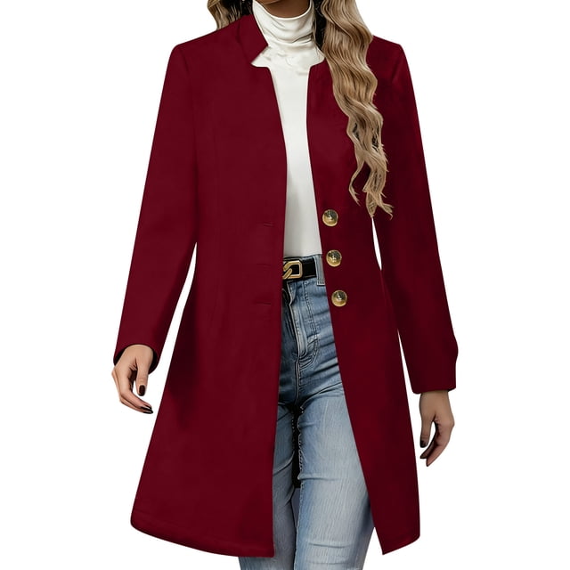 Long Wool Coat, Women's Casual Regular Fit Solid Color Double-Breasted Mid-Length Trench Coat with Pockets & Drawstring, Women's Pea Coat