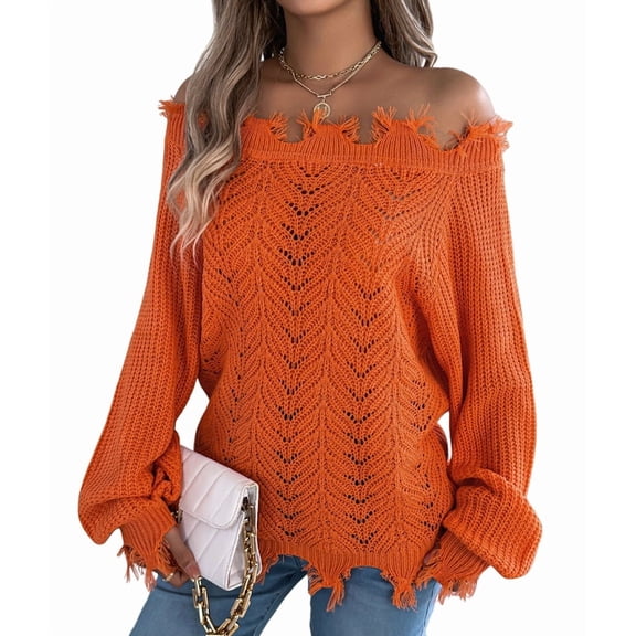 Women'S Solid Color Openwork Long-Sleeved Sweater, Off-Shoulder Knit Pullover Orange XL