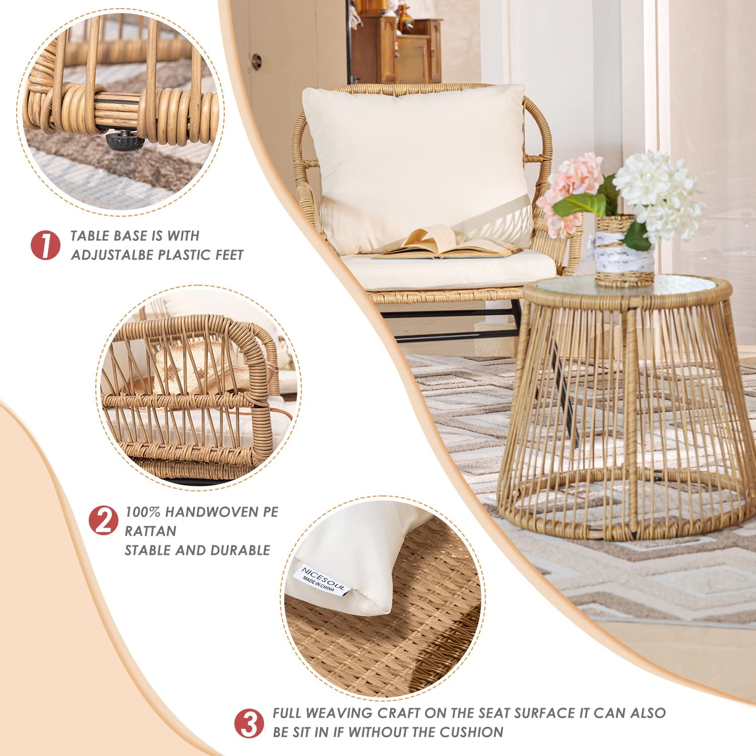 RADIATA 3-Piece Patio Boho Furniture Set with Ajustable Feet, Boho Outdoor Conversation Set with Table, Sofa Seating Set with Thick Cushion for Backyard Lawn Garden, Beige