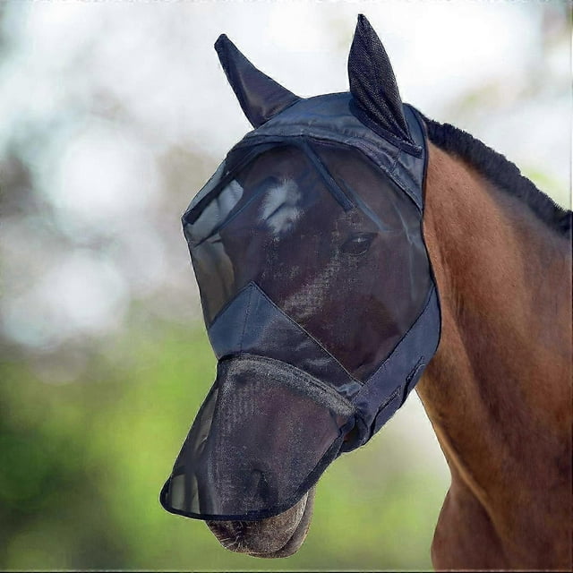 Horse Fly Mask Long Nose with Ears Full Face Black Medium Cob
