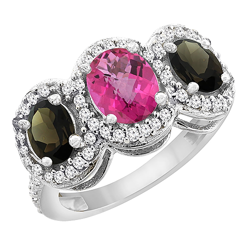 10K White Gold Natural Pink Topaz & Smoky Topaz 3-Stone Ring Oval Diamond Accent, size 5 by Gabriella Gold