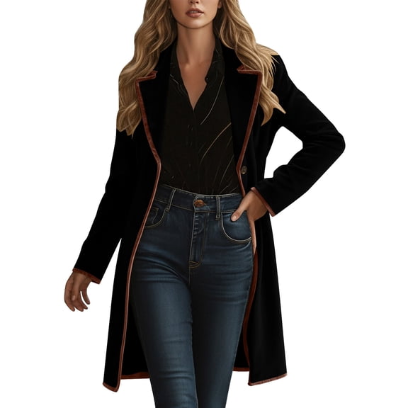 Arnsht Velvet Trench Coat for Women Dressy Long Sleeve Mid-Long Blazers Elegant Ladies Outdoor Casual Flowy Jackets Black S