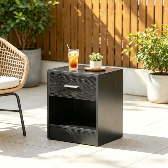 Side Table with Drawer & Storage Shelf, Compact End Table for Living Room, Black Wood Grain