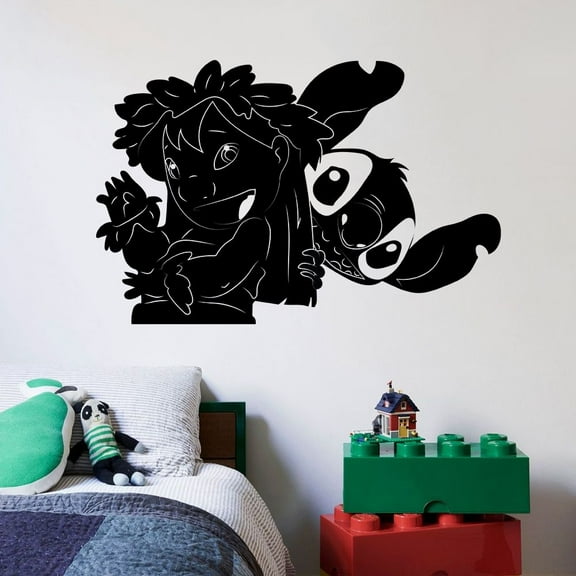 Lilo And Stitch Movie Animation Disney Lilo and Stitch Cute Happy Playful Silhouette Disney Wall Sticker Vinyl Decal Home Decor Room Living Room Bedroom Decoration Sticker Decal Size (10x10 inch)