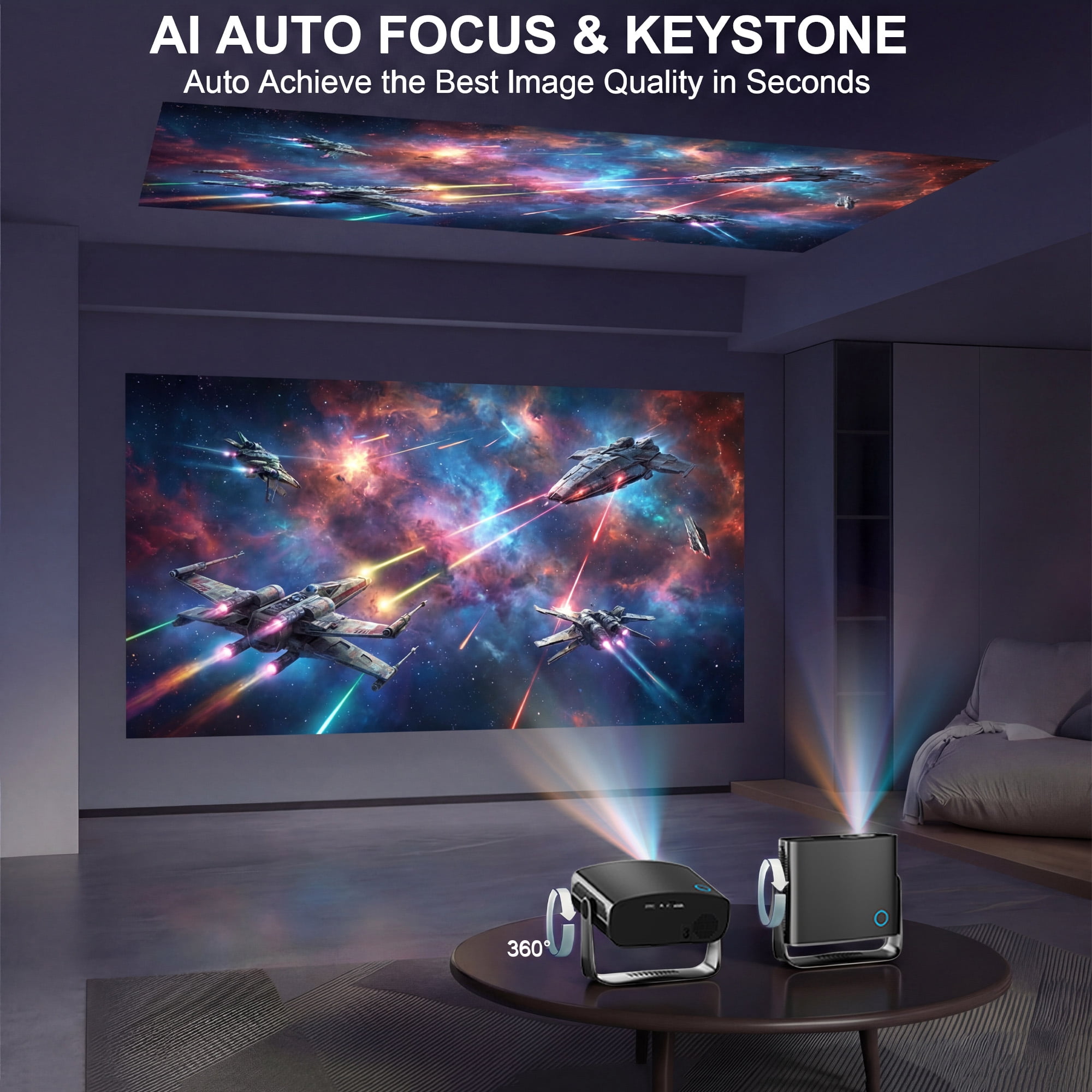 ORVANTI Smart Projector with 4K Support, 1080P Native, 150000 Lumens, Built-in Streaming Apps, Auto Focus & Keystone, Home Theater Projector, Outdoor Projector with 360° Stand
