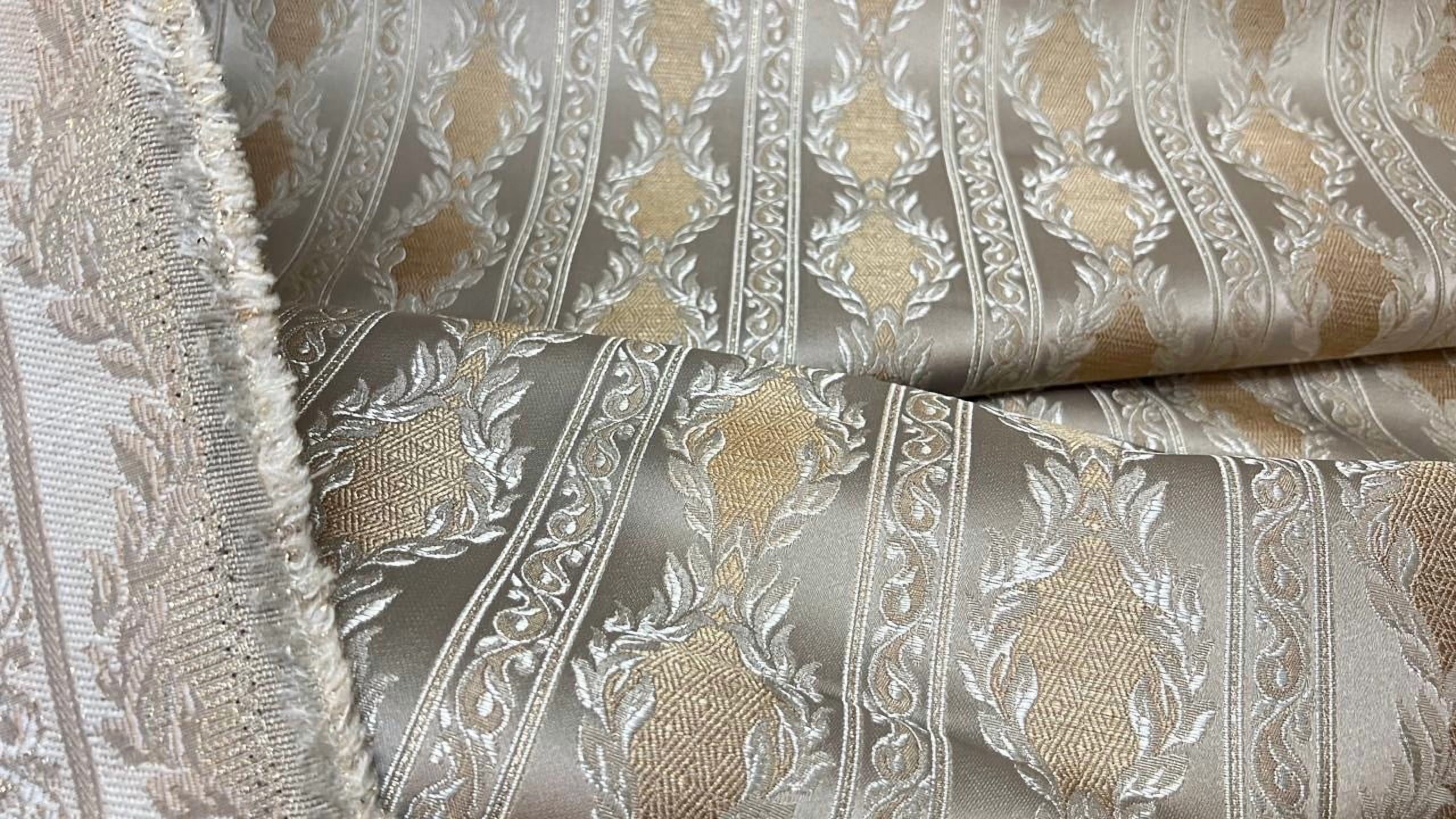 Decora Furnishings Luxurious Woven Jacquard Damask Stripes Heavy Furnishing Fabric for Upholstery, Sofa, Chair, Cushion Covers, Head Board - Width 54 inches - Fabric by The Yard (Beige)