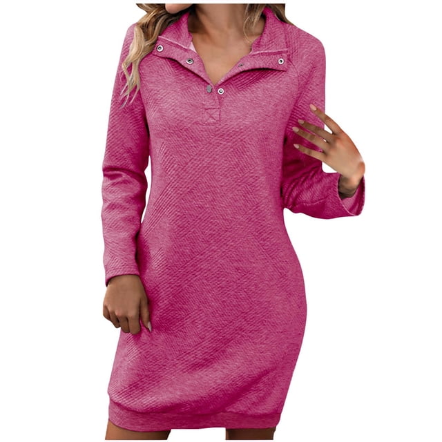 Robes Débardeurs pour Femmes Robe Chandail à Col Roulé à Manches Longues d'Automne et d'Hiver pour Femmes, Boutonnée, Unie, à Revers, en Tricot, Mini, à Enfiler, Robes S-262 Rose Vif-A L