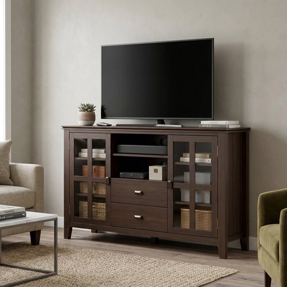 Simpli Home Artisan 53 inch Wide Solid Wood Tall TV Stand in Natural Aged Brown For TVs up to 60 inches