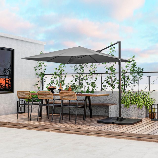 Costway Parasol Suspendu Déporté Carré de 9,5 Pi pour Patio, 2 Niveaux, Rotation 360°, Extérieur, Gris