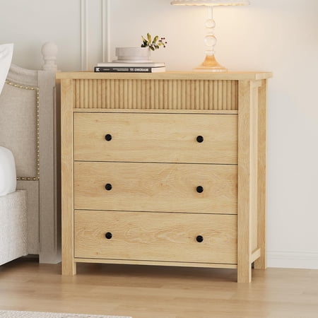3 Drawer Dresser for Bedroom Nightstand Wooden Chest of Drawers Fluted End Table Storage Organizer for Living Room Hallway and Entryway Natural Oak