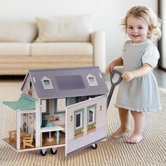 Robud Wooden Dollhouse with Wheels for Girls, Pretend Play RV Set Dollhouse Moveable with 10 Pcs Furniture Accessories, Gift for Kids Ages 3 
