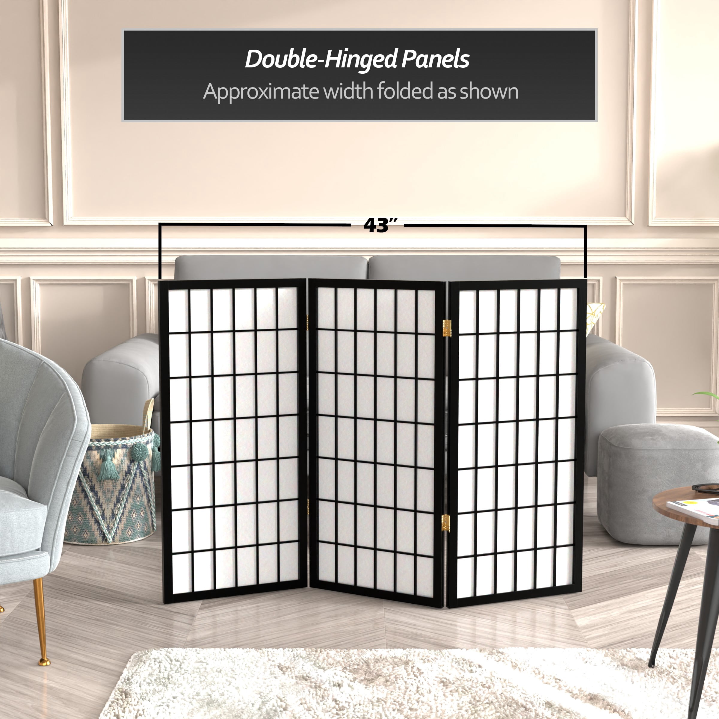 3 ft. Tall Classic Japanese Window Pane Lattice Privacy Screen - Black - 3 Panels