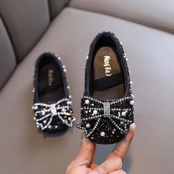 Girls Rhinestone Pearl Bow Mary Jane Flats, Sparkly Princess Dress Shoes Ballets Flats Black 6.5
