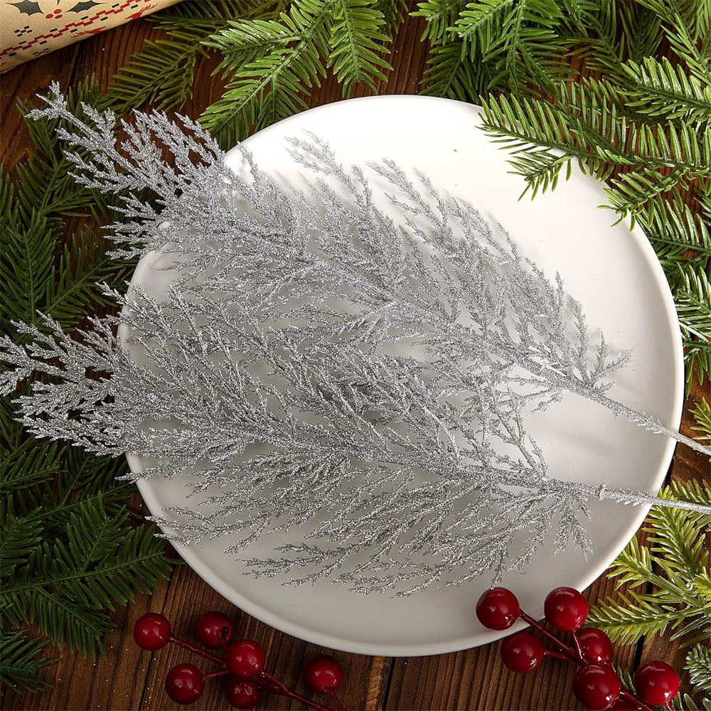 NOGIS Artificial Glitter Pine Tree Twig Ornaments, 24 Pcs Christmas Artificial Pine Branches Faux Cedar Picks Decorative Sticks Glittery Stems for Vase Fillers Holiday Wedding Decor (Silver)