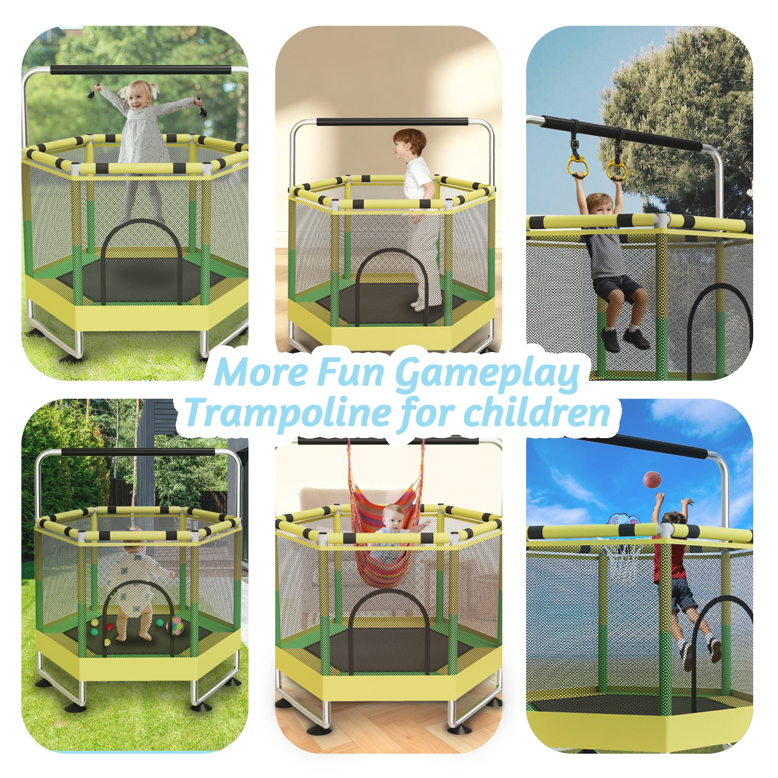 G TALECO GEAR Trampoline for Kids, Toddler Trampoline with Adjustable Gymnastics Bar & Toys, Indoor & Outdoor Hexagon Small  60'' Trampoline Gift for Boys & Girls,  400lbs, Yellow & Green