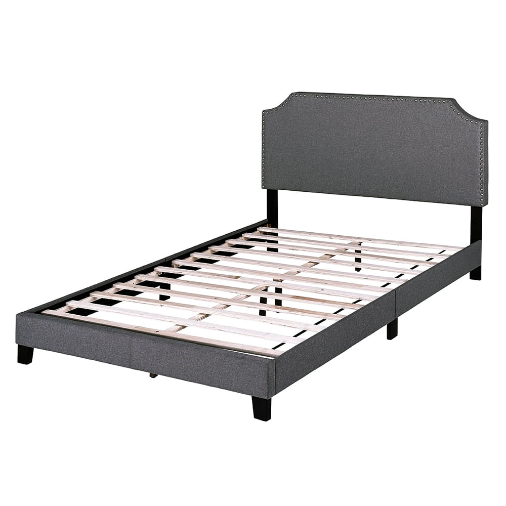 Kepooman Full Size Upholstered Platform Bed Frame with Nailhead Trim Headboard, Dark Grey Kepooman Full Size Upholstered Platform Bed Frame with Nailhead Trim Headboard, Dark Grey