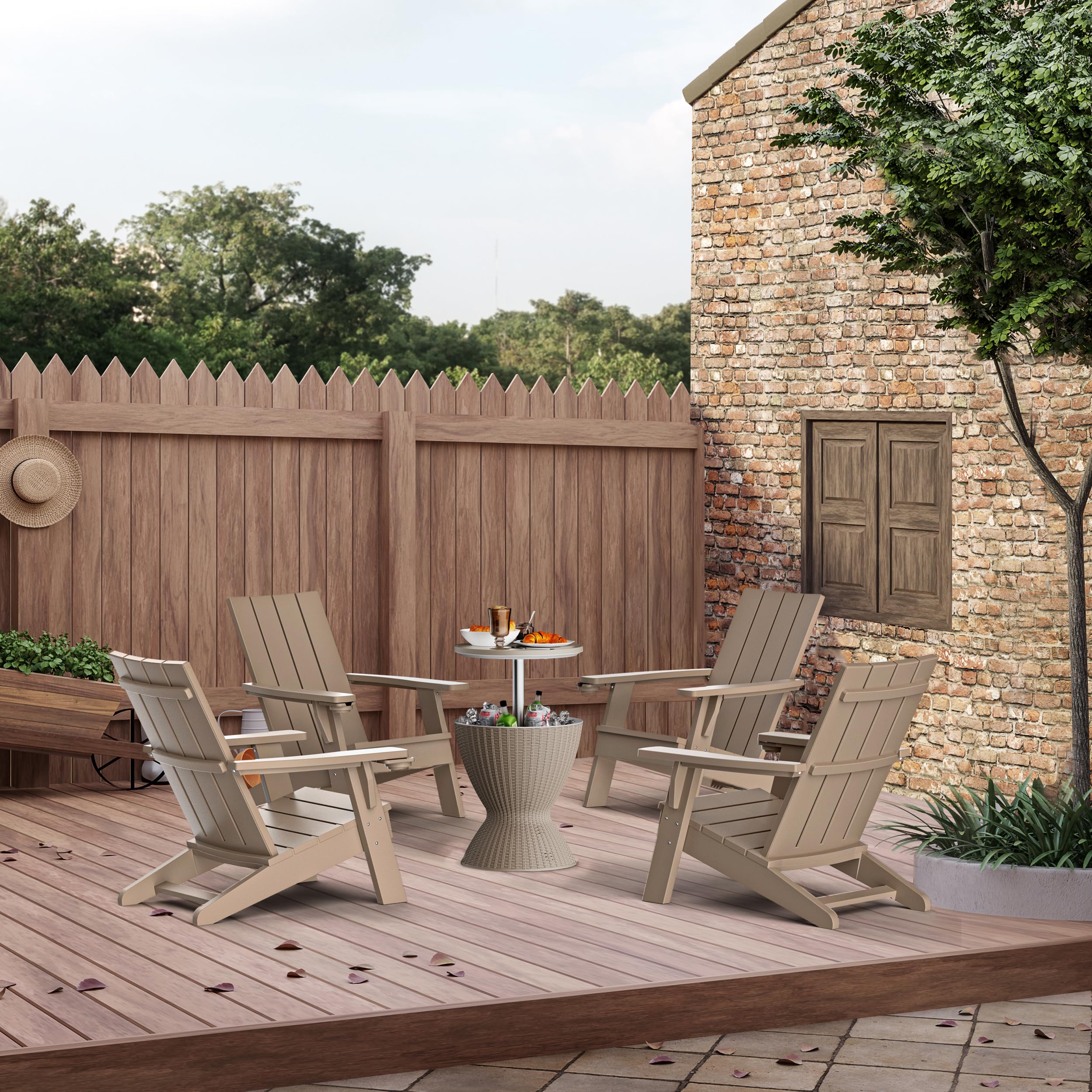 EasyUp All-Weather Resin Adirondack Chair with Wooden Texture and Cup Holder for Outdoor Deck, Backyard, Patio & Garden