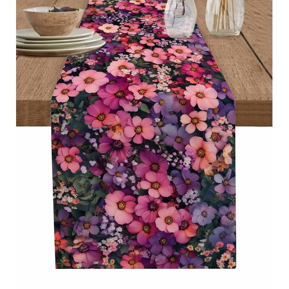 Table Runner Dresser Scarf 14 x 72 Inch Spring Flowers Pink Purple Floral Realistic Table Runners Non-Slip Heat Kitchen Dining Table Decor for Indoor Outdoor Home Party Decoration