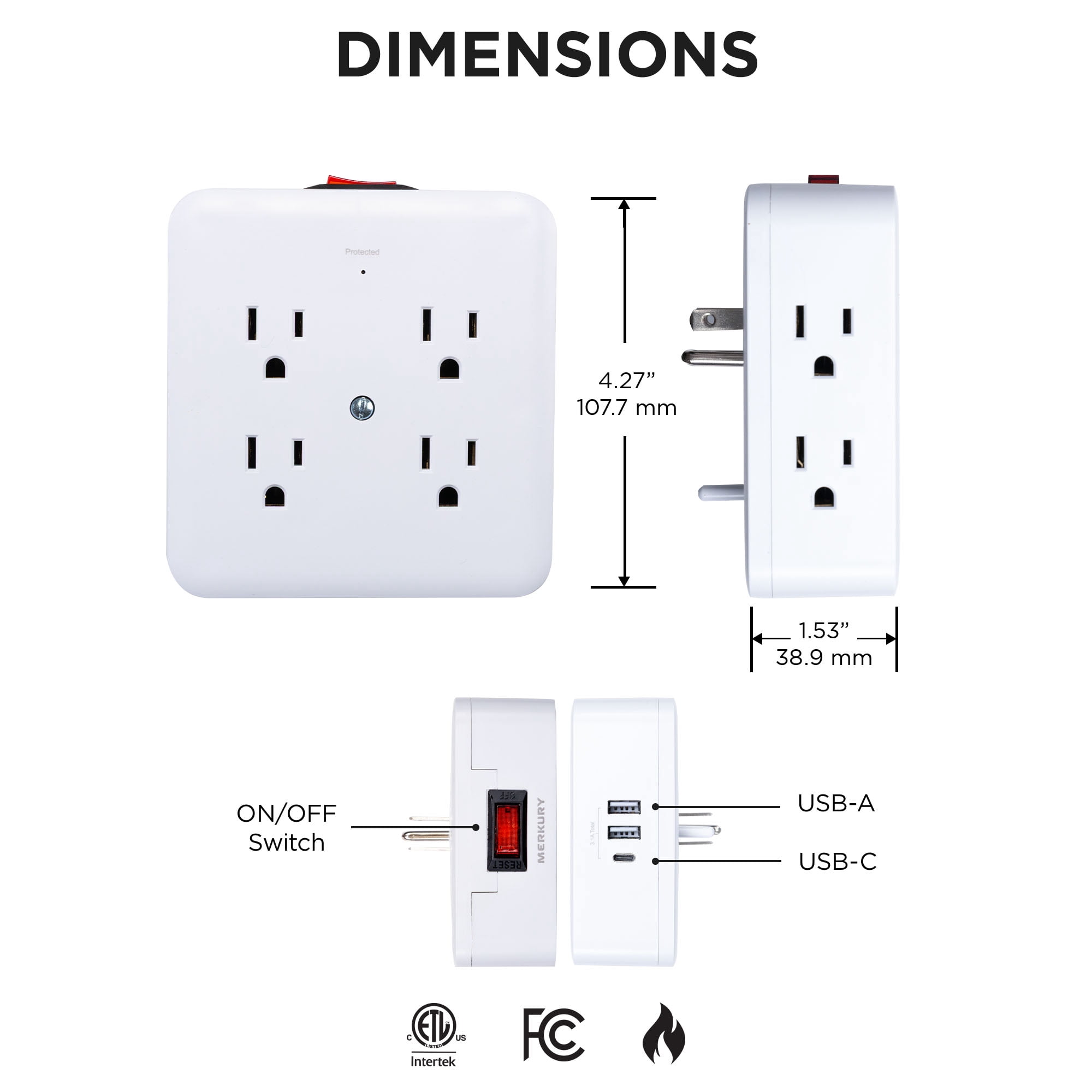 Merkury Innovations 8-Outlet Surge Protector USB Wall Tap, 2 USB-A & 1 USB-C, 900J Protection