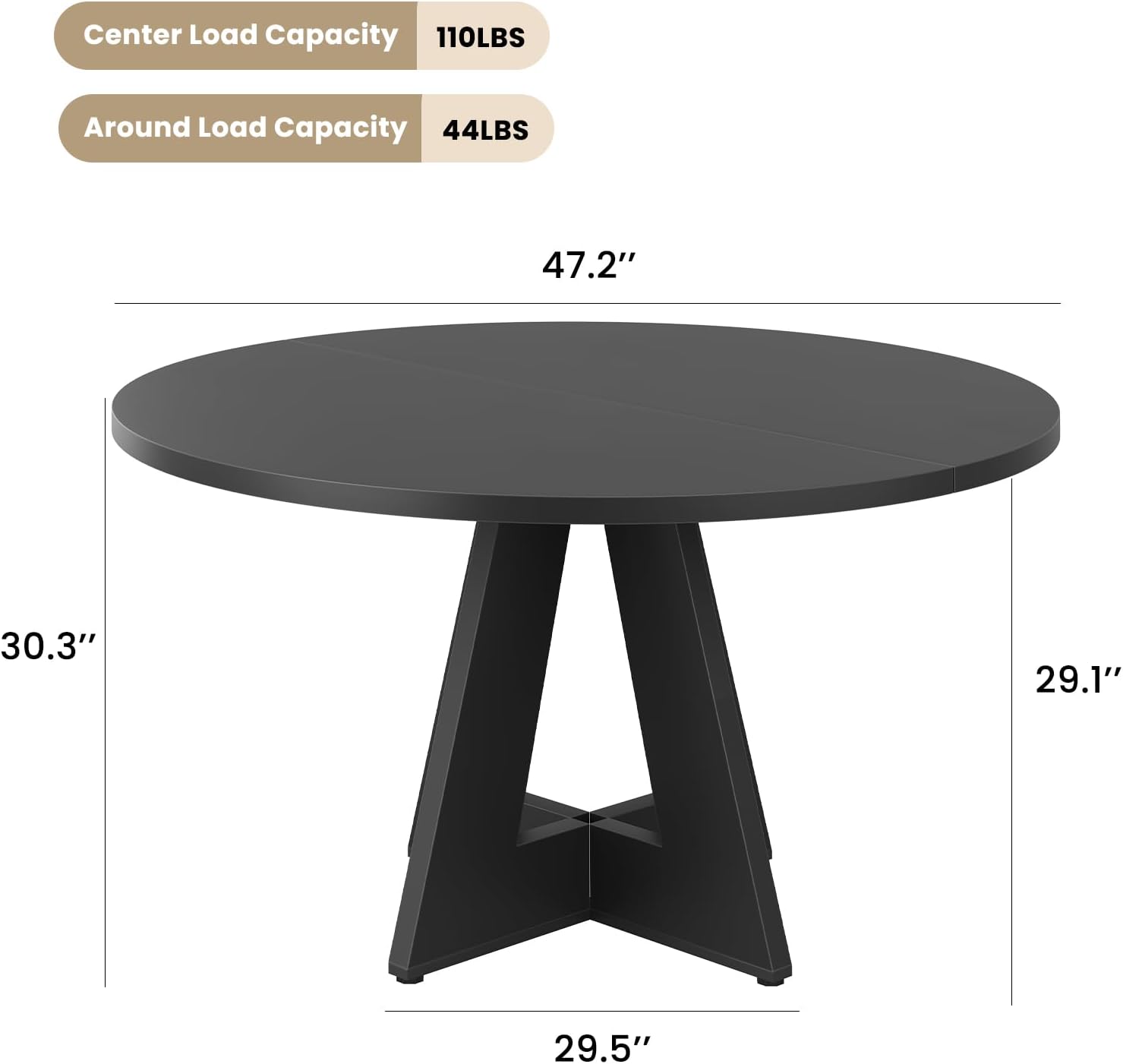 Farini 47" Round Dining Table,Wooden Kitchen Table with Metal Base, Seats 4–7, for Dining Room, Kitchen & Living Room, Black