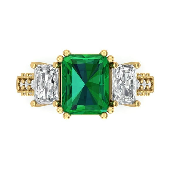 Three-Stone Engagement Ring for Women - 4.27ct Simulated Emerald in 18K Yellow Gold Promise Ring