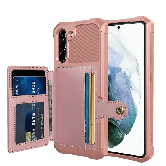 Galaxy S21 FE Wallet Case, Shockproof Rubber Card Holder Wallet PU Leather Back Phone Case Kickstand Protective Scratch Hybrid Bumper Shell for Samsung Galaxy S21 FE 6.4 inch 2021, Rosegold