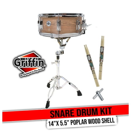 GRIFFIN Snare Drum Package with Snare Stand, 2 Pairs of Drum Sticks & Drum Key | Snare Kit with Poplar Wood Shell 14" x 5.5" with Flat Hickory PVC | 8 Metal Tuning Lugs & Snare Strainer Throw Off