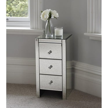 GoDecor 2PCS Mirror Beside Table, Mirror Night Stand, Three Drawer Side Table, Size S, Silver