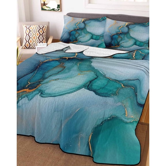 Teal Blue Marble Queen Size Down Alternative Comforter, Lightweight Comforter Quilt Bedding Set with Pillow Shams Abstract Artwork Aesthetic All Seasons Bed Comforter Duvet Insert 90"x96"