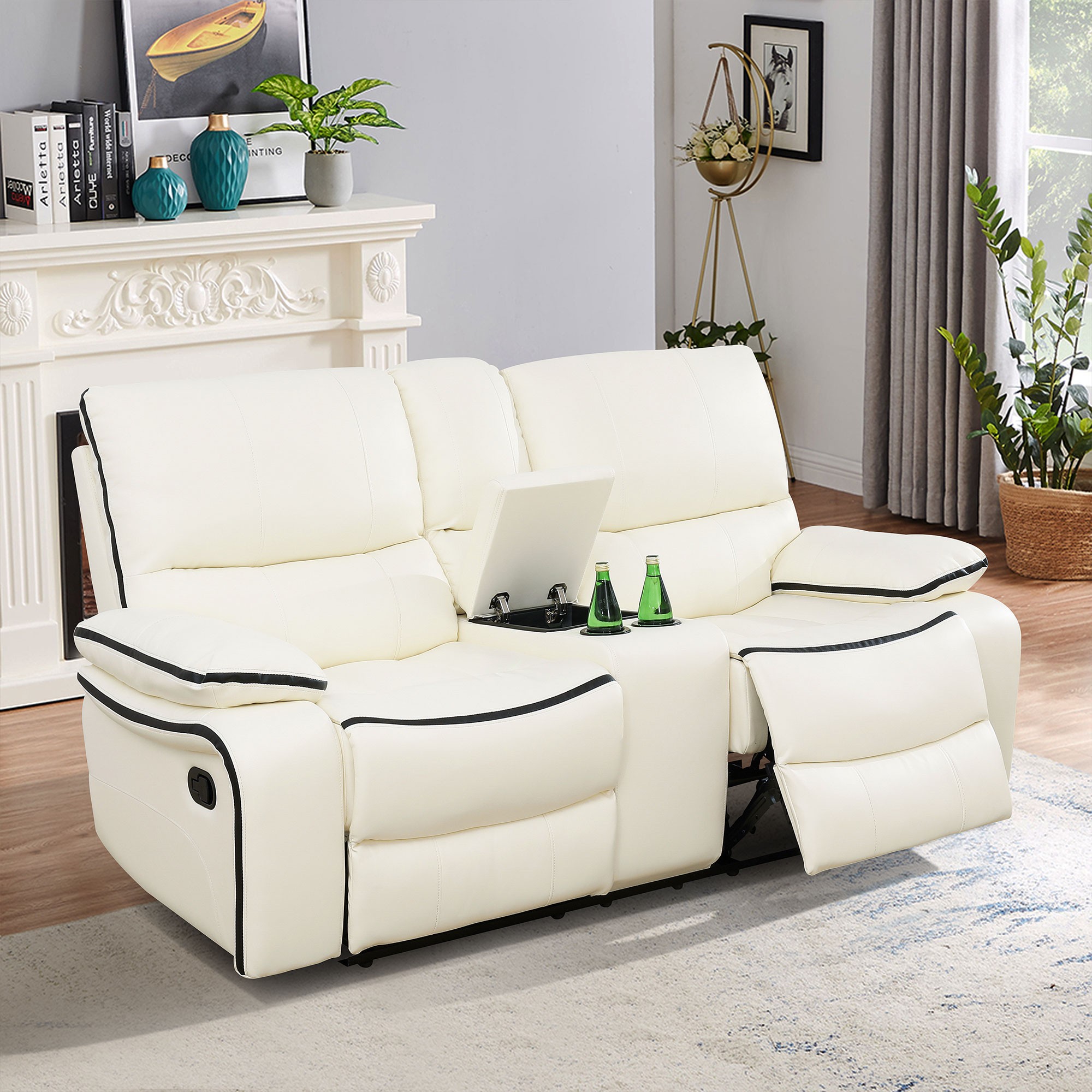 Gewnee 2-Seat Smart Sofa, Air Leather & Solid Wood Frame, Built-in Cup Holder, Adjustable Recline for Living Room Home Relaxation, Off-white