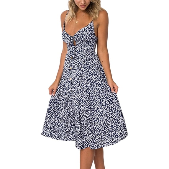 Women Summer Boho Midi Dresses Tie Front V-Neck Spaghetti Strap Button Down A-Line Backless Midi Dress